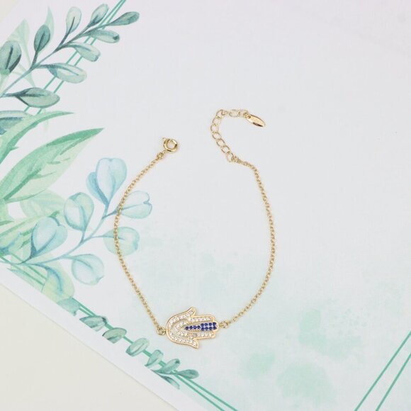 "Elegant Hamsa Hand Charm Rose Gold Bracelet with Blue Accents, XPBL0852 - Picture 5 of 12